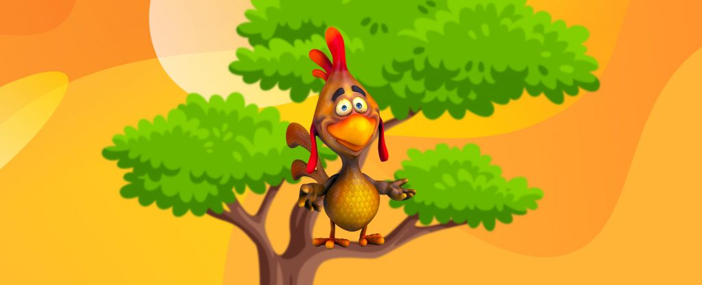 Seekor ayam animasi 3D, terinspirasi oleh slot online di SlotsLV, berdiri di atas dahan pohon yang tebal, dengan tangan terulur, dengan latar belakang oranye dan kuning.