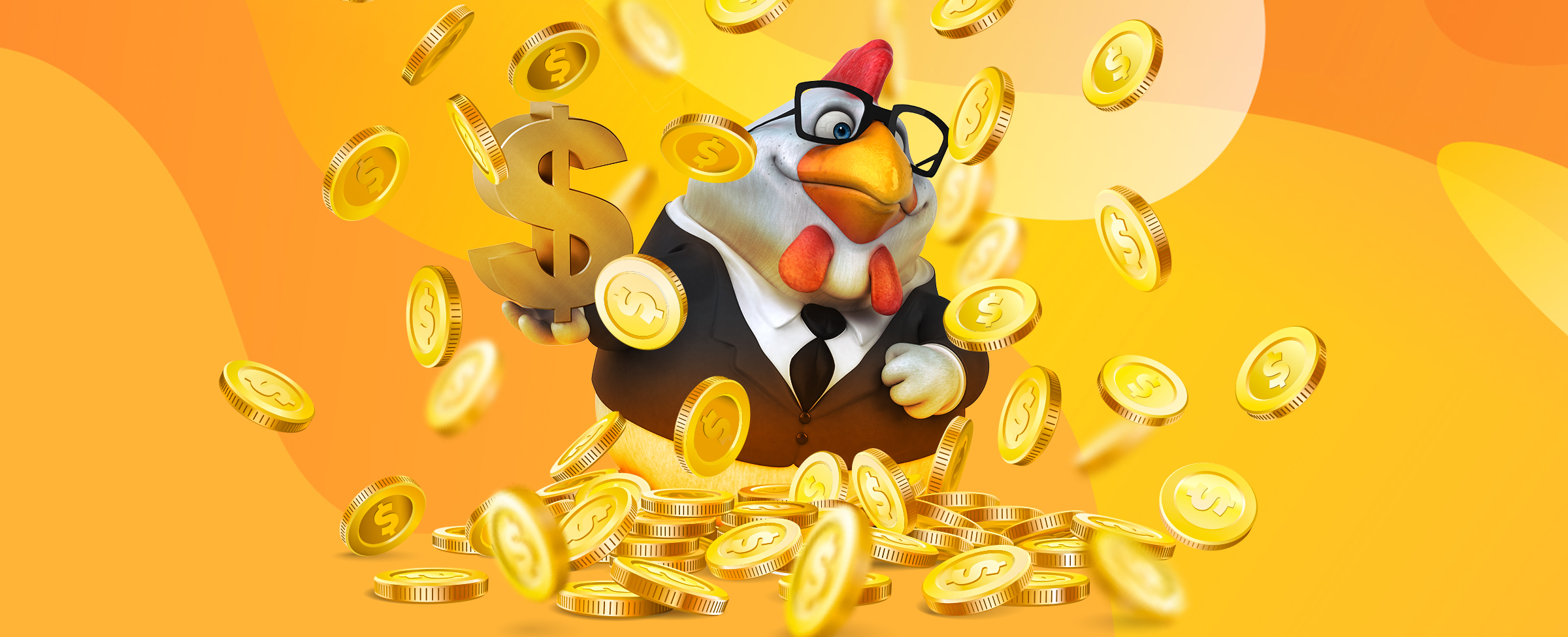 A 3D-animated rooster wearing a suit and tie with oversized glasses stands amidst an exploding pile of oversized gold coins, set against a two-tone orange abstract background.