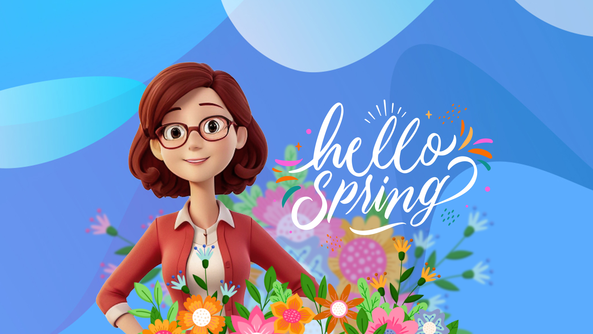 A 3D-animated woman is seen from the waist up, standing behind a range of colorful illustrated flowers of all varieties. The words 'hello spring' are to her right.