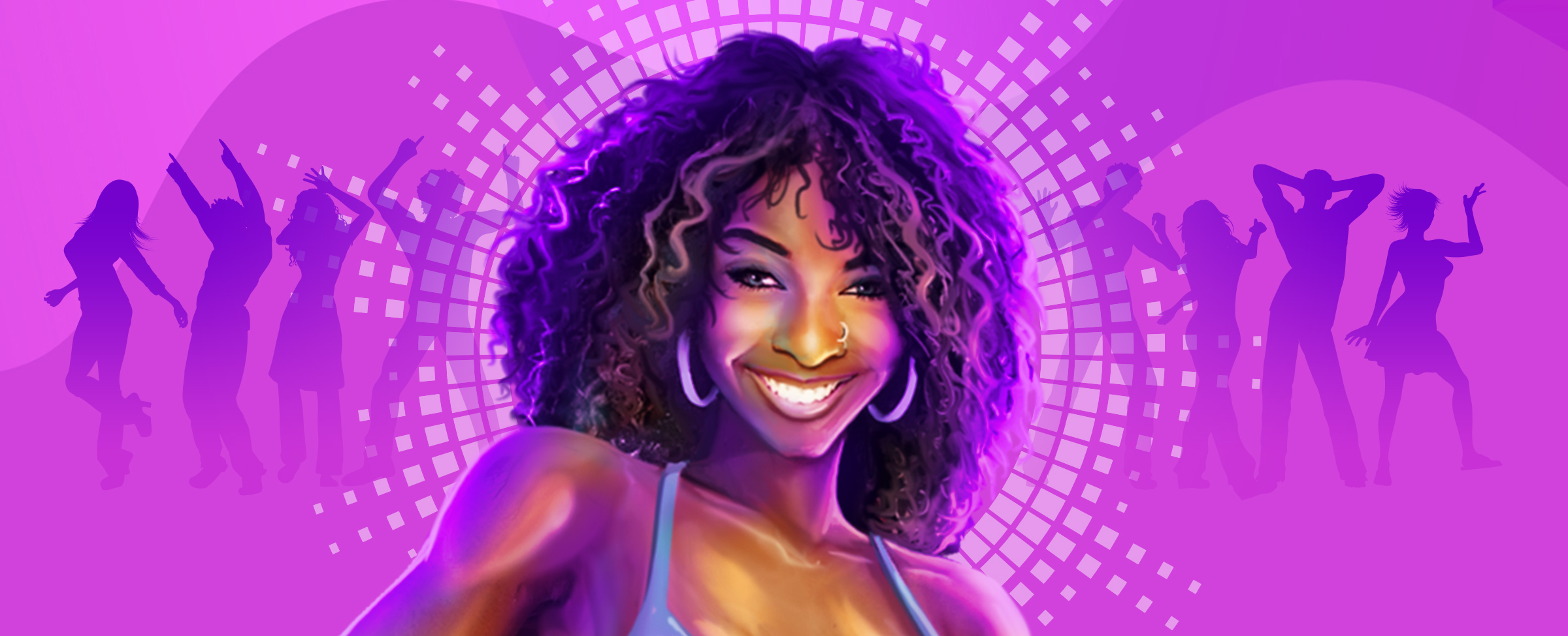 An illustrated woman in her 20s with shoulder-length curly hair and a big smile stands in front of the reflected lights from a disco ball, while silhouettes of people dancing are seen behind her, against a purple background.
