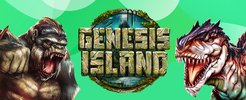 Dua karakter animasi – seekor gorila dan t-rex – dari permainan slot SlotsLV, Pulau Genesis, digambarkan di kedua sisi gambar.  Di tengah, logo dari game yang sama ditampilkan, menggambarkan sebuah pulau berwarna hijau tua dengan kata-kata Genesis Island yang ditulis dari batu.