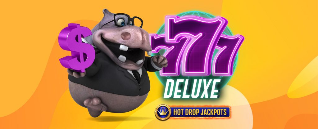A 3D-animated hippopotamus in a suit and tie and wearing glasses is seen standing next to a logo from the SlotsLV slot game, 777 Deluxe Hot Drop Jackpots, while holding an oversized purple dollar sign in one hand.