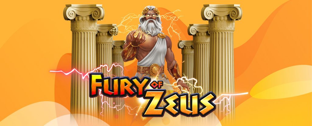 Karakter animasi 3D Zeus, dari permainan slot SlotsLV, terlihat di tengah gambar dari pinggang ke atas, diapit oleh pilar kuno, dengan aliran listrik dari mata dan tangannya.  Di latar depan, baca kata-kata Kemarahan Zeus, dikelilingi oleh kilat.