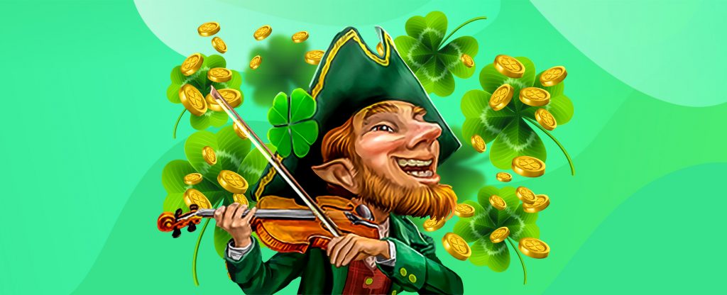 A 3D-animated Leprechaun playing a fiddle and dressed in green, from the SlotsLV slot game Leprechaun Legends, is seen in the middle of the image, standing in front of several four-leaf clovers, and set against a green abstract background.