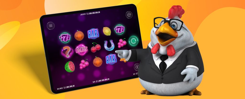 A 3D-animated rooster wearing a suit and tie with oversized black thick-rimmed glasses points to an iPad previewing a screenshot of the SlotsLV slot game, 777 Deluxe, showing various fruit and game symbols. Behind is an orange duo-tone abstract background.