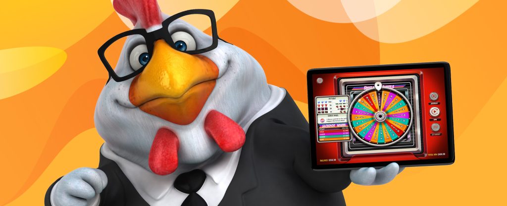 A 3D-animated rooster seen from the shoulders up wearing a suit and thick-framed glasses holds up an iPad in one hand, showing a screenshot from the SlotsLV slot game, Reels and Wheels. Behind, is a duo-tone orange abstract background.
