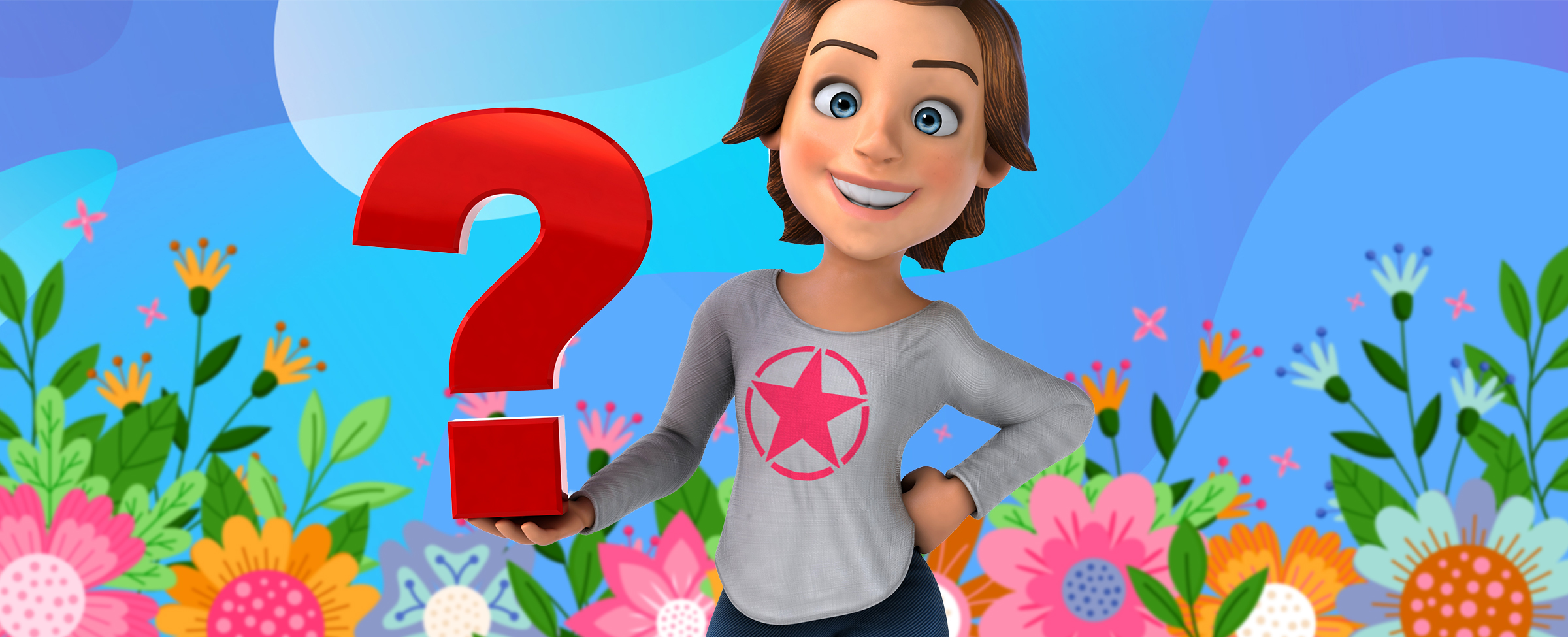 A 3D-animated woman is seen from the waist up, standing with one arm on her hips, and the other holding up an oversized red question mark. Behind her are a range of colorful illustrated flowers of all varieties