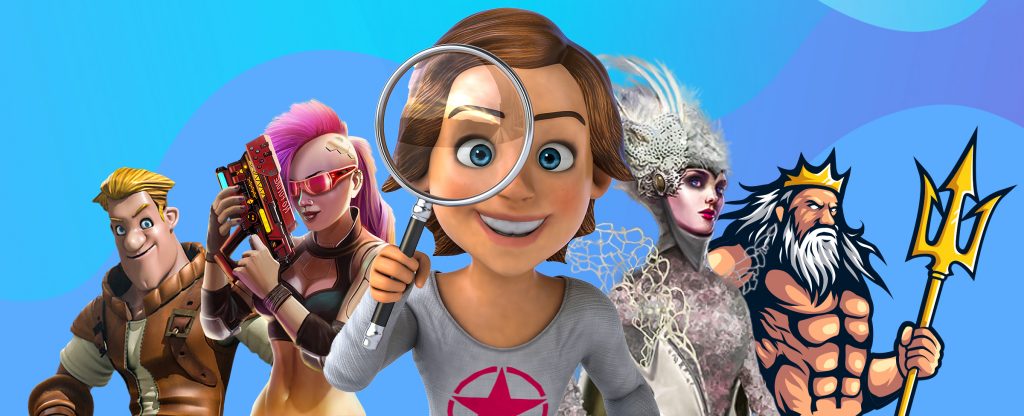 Seorang wanita animasi 3D terlihat dari pinggang ke atas, berdiri di tengah gambar sambil memegang kaca pembesar hingga satu mata.  Di kedua sisi terdapat berbagai karakter dari permainan slot SlotsLV.
