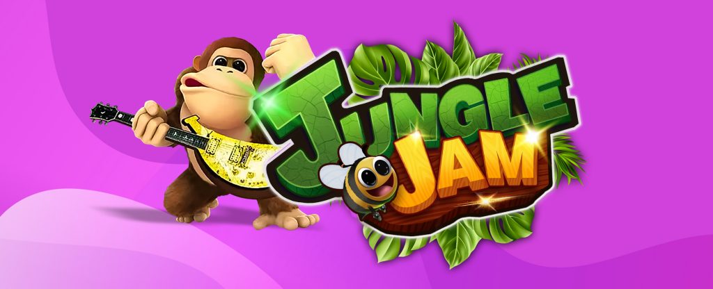 The SlotsLV logo from the slot game Jungle Jam is pictured right of center, featuring large ferns sitting beneath the words “Jungle Jam” with a bee hovering over the “J”. To its left, a monkey is holding a guitar with one hand on the neck, and the other up in the air.