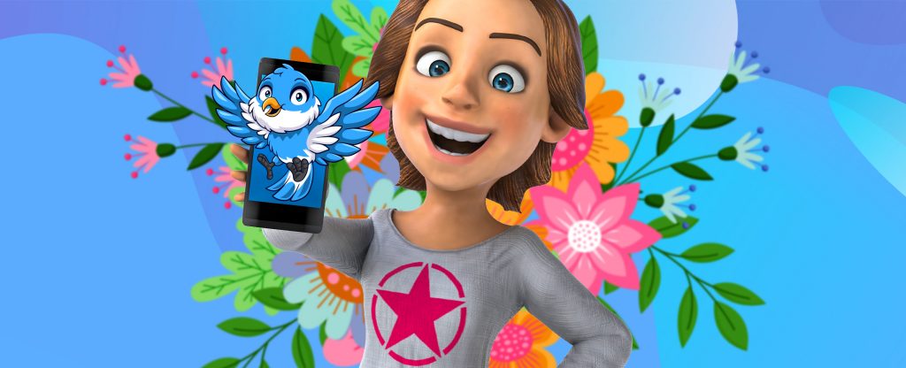 Seorang wanita animasi 3D berdiri dengan satu tangan di pinggul, memegang ponsel di tangan lainnya dengan burung biru mengepakkan sayapnya untuk terbang keluar dari ponsel.  Di belakangnya, ada rangkaian bunga yang indah.