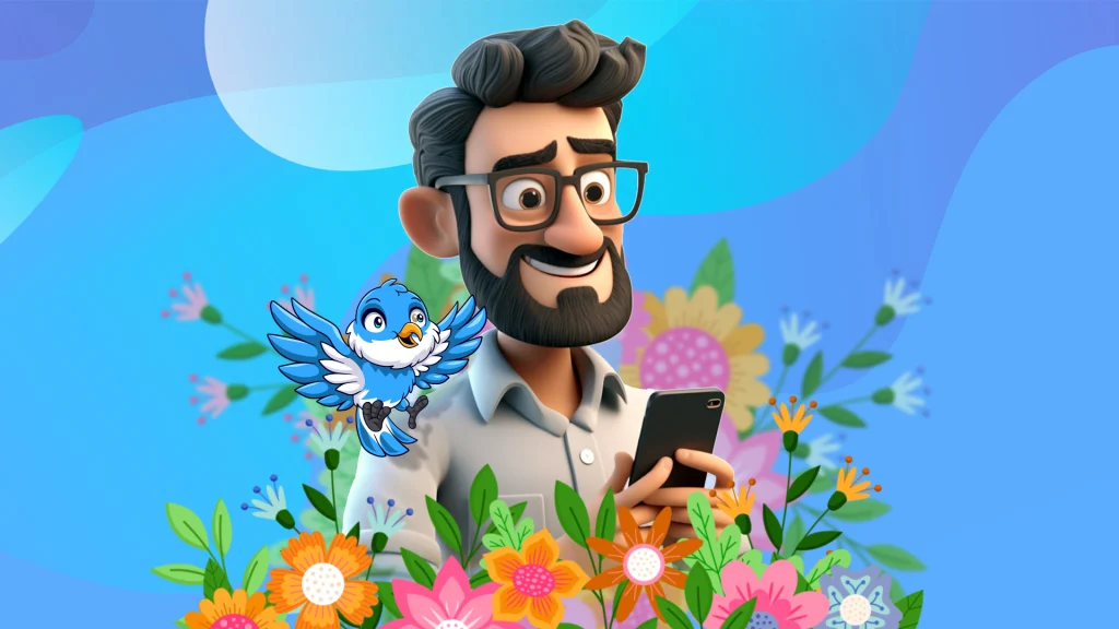 A 3D-animated man stands, holding up a mobile phone, with a blue bird flapping its wings to fly off his shoulder. In front of him is a beautiful flower arrangement.