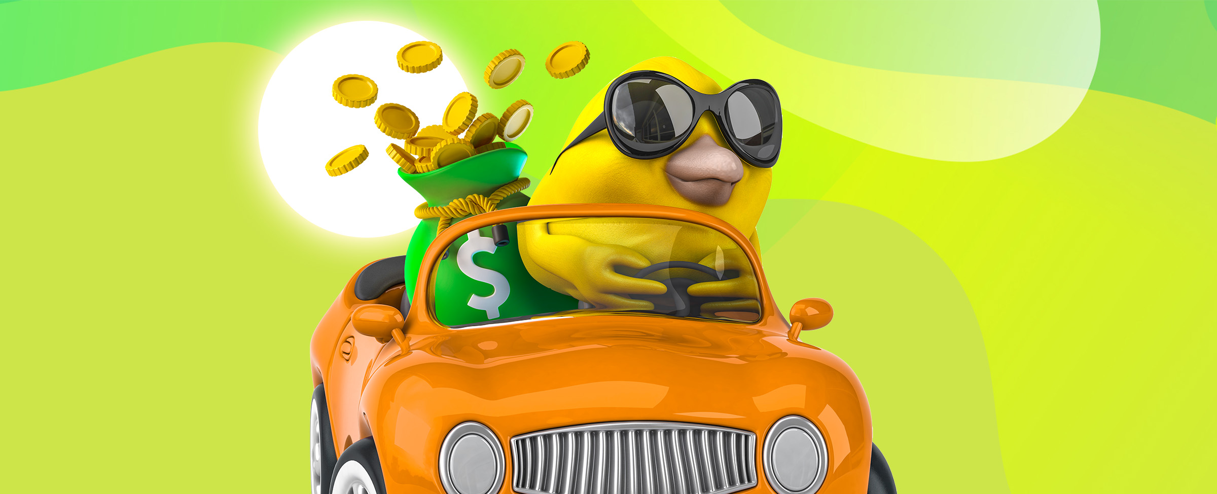 An animated yellow bird behind the wheel of a bright orange mini car. The bird wears oversized sunglasses, and has its hands around the steering wheel, as coins spill out of the vehicle. With the sun in the distance, the image is set against a multi-toned lime green background.