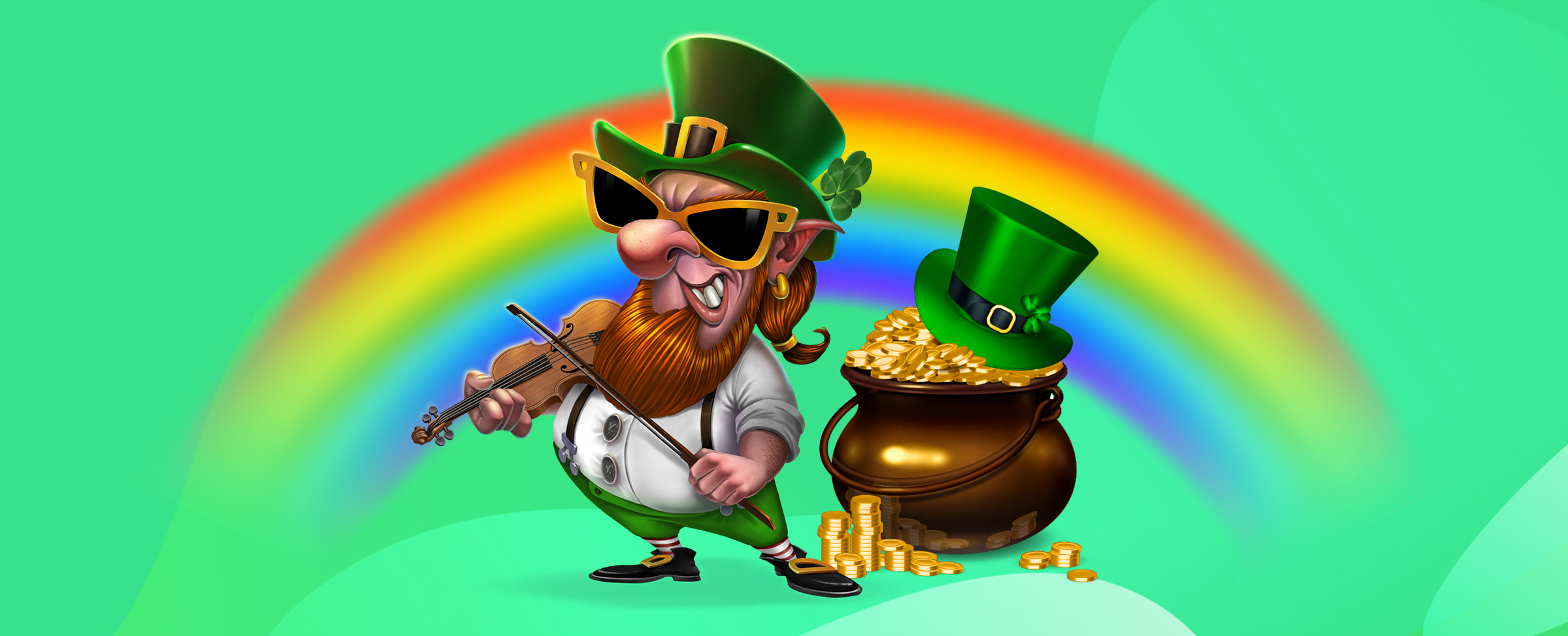 The central character, a leprechaun, from the SlotsLV slot game, Larry's Lucky Tavern, is seen wearing green overalls and hat, playing a fiddle and standing next to a pot of gold with a green hat sitting on top. Behind him is a rainbow, set against a green background.