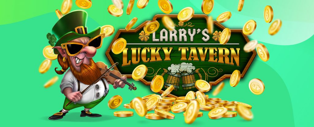 The main 3D-animated character from the SlotsLV slot game, Larry’s Lucky Tavern, is seen to the left of the image playing his fiddle while wearing a green top hat featuring a buckle and four-leaf clover, oversized sunglasses, suspenders, and a large bushy beard. To his right is the game logo from the same game, with gold coins falling all around.