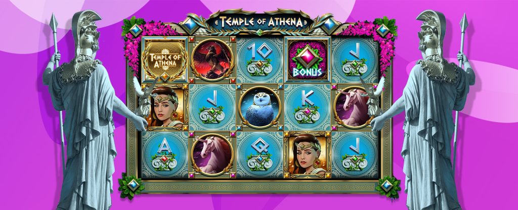 Dua patung Athena berdiri di kedua sisi tangkapan layar dari game slot SlotsLV, Temple of Athena Hot Drop Jackpots, menampilkan berbagai simbol game.  Di belakang, adalah latar belakang ungu abstrak duo-nada.