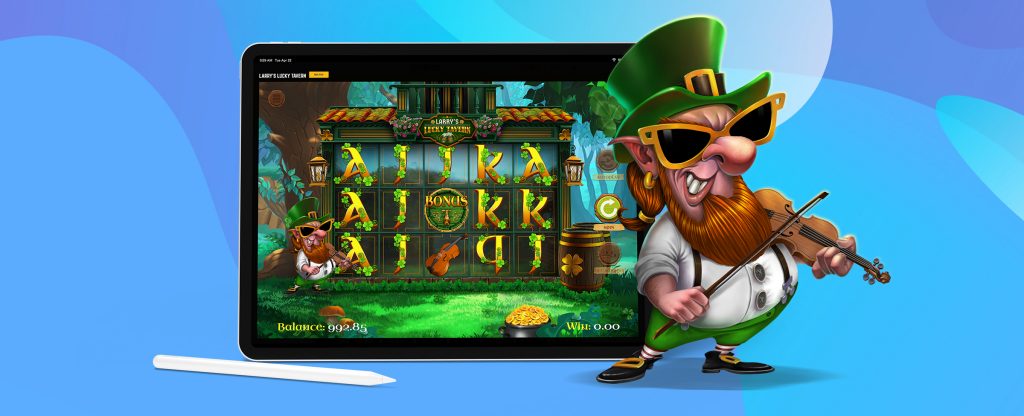 The main 3D-animated character from the SlotsLV slot game, Larry’s Lucky Tavern, stands in front of an iPad wearing a white shirt with green trousers and hat, oversized sunglasses, and playing a fiddle. On the iPad behind him is a screenshot of the game, featuring the gameplay features and graphics.