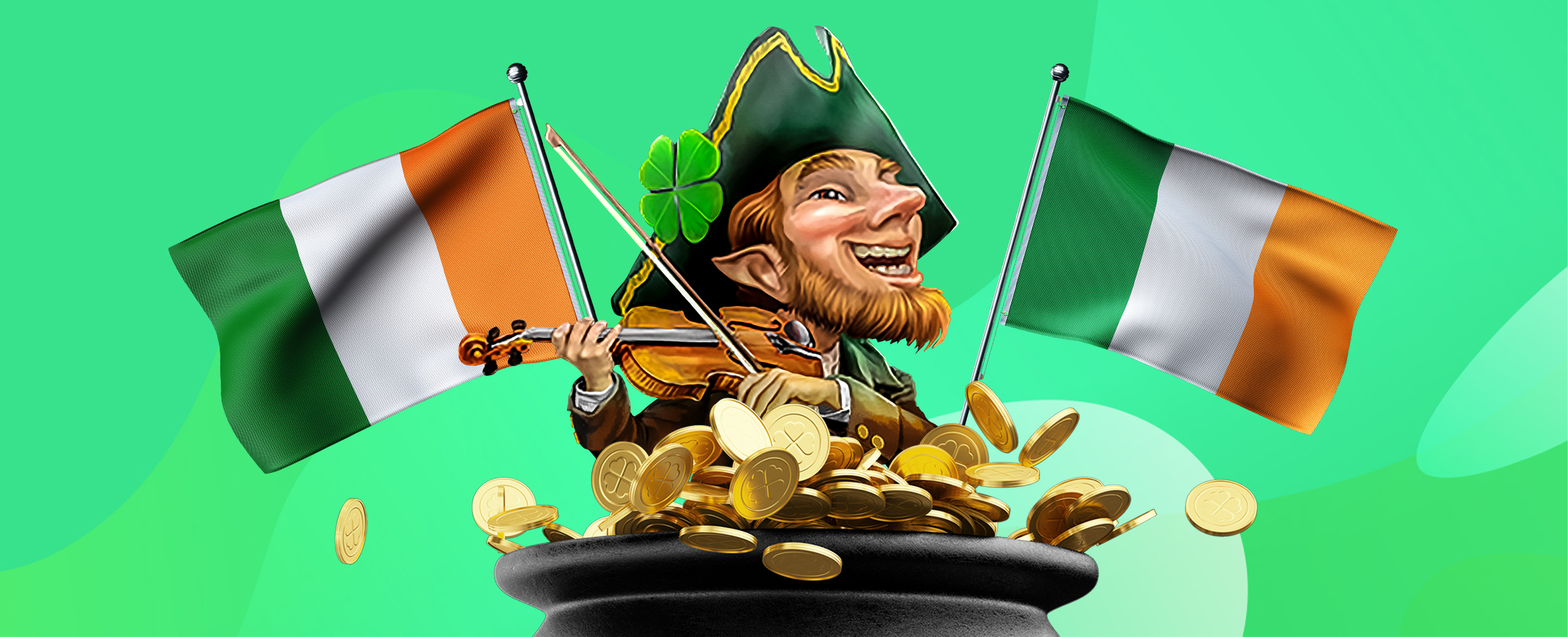 The 3D-animated central character from the SlotsLV slot game, Leprechaun Legends, is depicted wearing a green hat with a four-leaf clover, playing a fiddle, coming out of an oversized pot of gold in between two Irish flags.