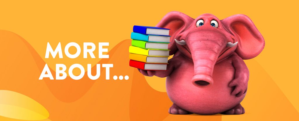 A 3D-animated pink elephant stands to the left of the image, with one hand outstretched, pointing to the word “More About…” to its right, set against an abstract orange background.