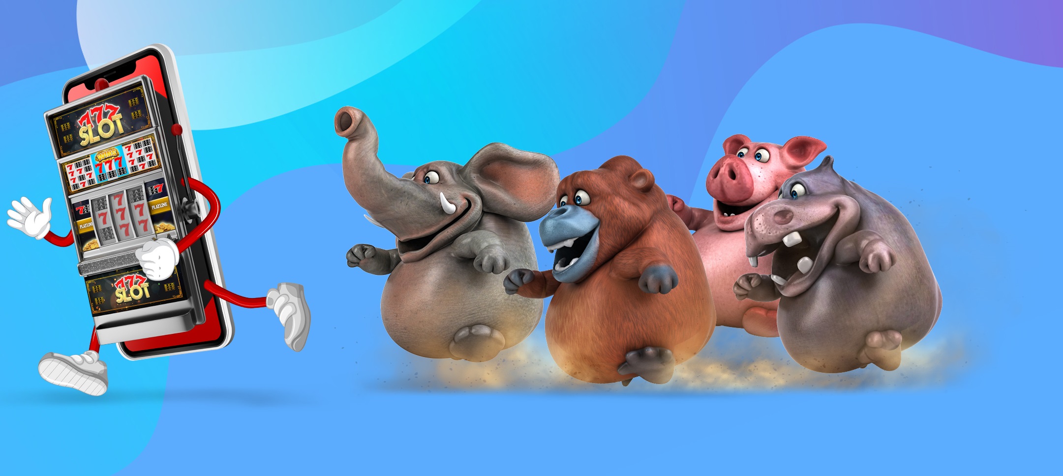 A 3D-animated mobile phone with an affixed slot machine and arms and legs, is running away from four 3D-animated characters - an elephant, a gorilla, a pig, and a hippopotamus, collecting dust during their chase.
