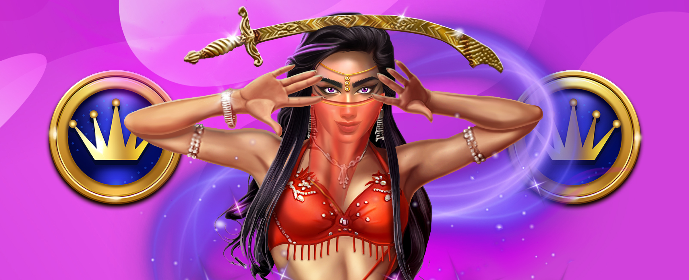 The 3D-animated Arabian princess from the SlotsLV slot game, Oasis Dreams Hot Drop Jackpots, is seen from the waist up, with long black hair and piercing black eyes and jewelry on her arms, wrists and forehead. Above her is a gold sword, with a dizzying blue swoosh coming from behind. To the princess’s left and right are the SlotsLV Hot Drop Jackpot symbols.