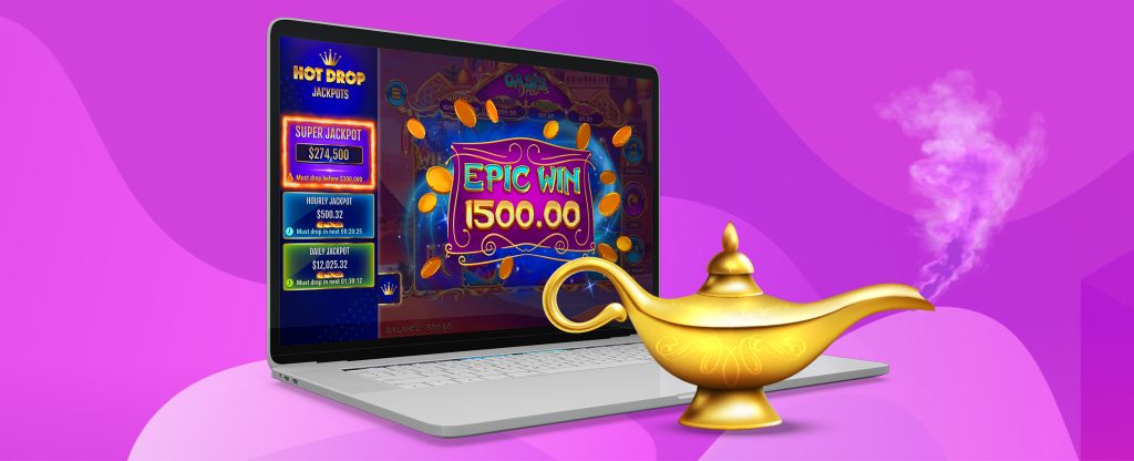 A gold magic tea lantern with vapor emanating from its spout, stands in front of an open laptop that features a screenshot from the SlotsLV slot game, Oasis Dreams Hot Drop Jackpots.
