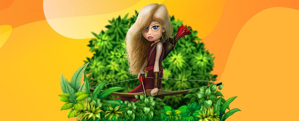 The main 3D-animated character from the SlotsLV slot game, Robyn, is seen holding a bow and arrow, standing amidst forest shrubs.