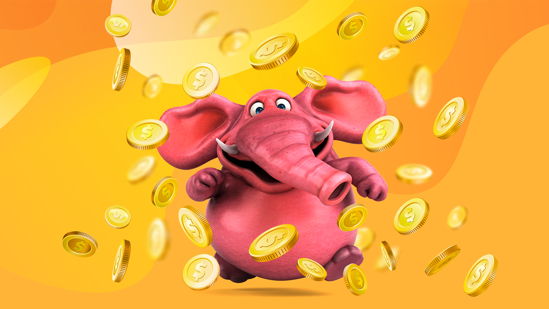 A 3D-animated pink elephant is seen jumping in the middle of the image with an excited expression, surrounded by oversized floating gold coins against a tri-tone orange background.