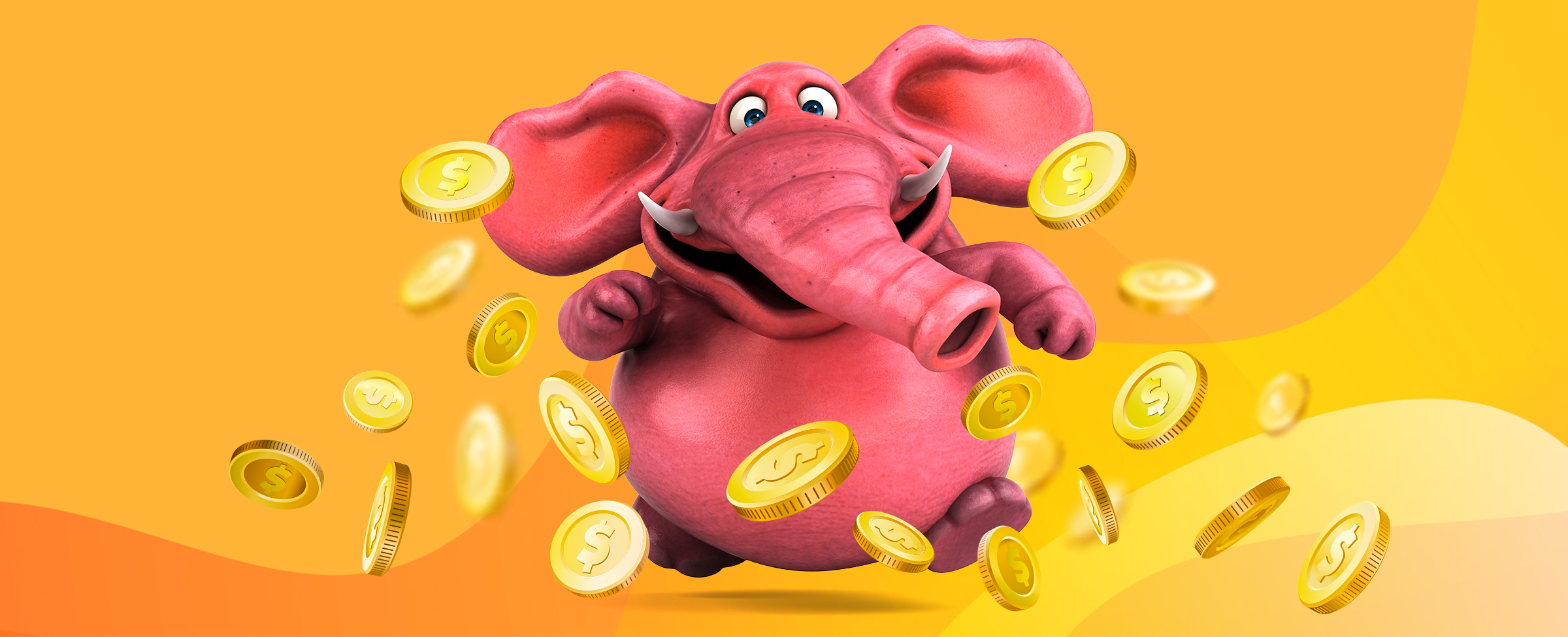 A 3D-animated pink elephant is seen jumping in the middle of the image with an excited expression, surrounded by oversized floating gold coins against a tri-tone orange background.