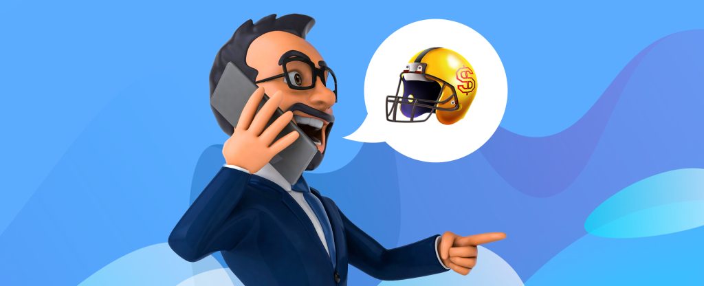 A 3D-animated cartoon character of a bearded man wearing a suit with black-rimmed glasses, holds up a mobile phone to one ear, pointing his other hand outwards. Above is a speech bubble with an illustration of a football helmet symbol from the SlotsLV slot game, Gridiron Glory. 