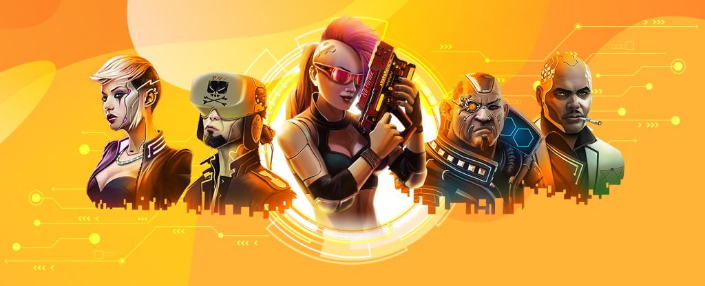 The 3D-animated characters from the SlotsLV slots game, Cyberpunk City, are featured horizontally in the image, from the shoulders up, wearing various futuristic costumes. The female cyborg character in the middle has spiked, pink-colored hair, mirrored wraparound sunglasses, and is holding a weapon in her hands. Behind, we see a yellow background overlaid with an electrical circuit board line drawing.