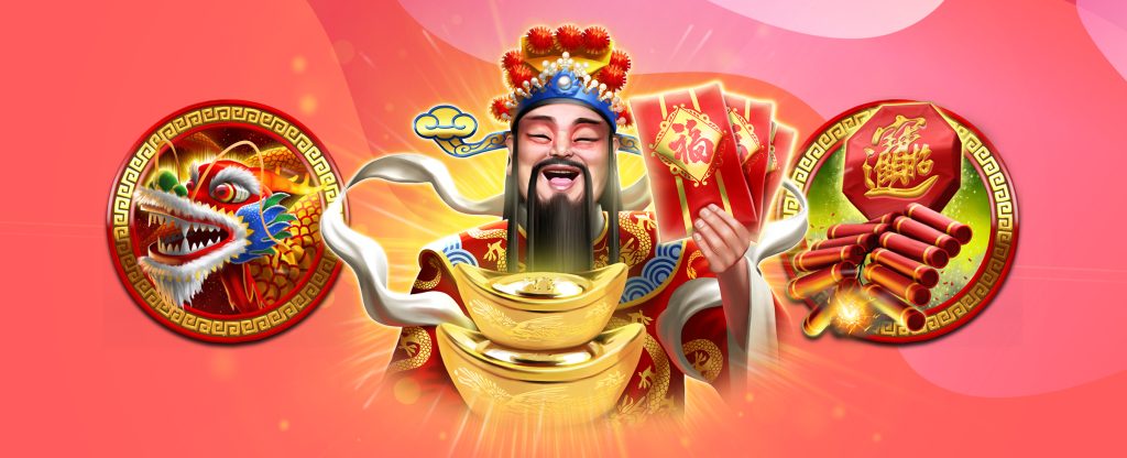 A 3D-animated character of CaiShen wearing a red robe with a blue, gold and red headpiece, is seen in the middle of the pink-background image holding large red cards with golden emblems on them. In front of him are two golden lamps. To his left is a colorful dragon symbol, and to his right, a firecracker symbol from the SlotsLV slots game, Da Hong Bao.