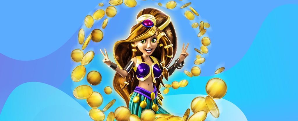 The main animated cartoon genie character from the SlotsLV slots game, Genie’s Gifts, is pictured in the middle of the image, seen from the waist up. The genie is wearing a green skirt with a purple band, a purple and gold top, and has waist-length golden hair. With her hands outstretched, motioning a peace sign, she’s surrounded by golden coins. 