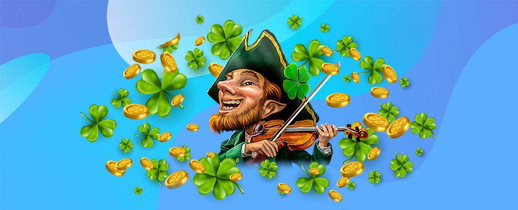 The central illustrated character from the SlotsLV slots game, Leprechaun Legends, is pictured from the shoulders up, wearing a green jacket and large green hat with gold trim. Sporting a thick orange beard and pointy elf-like ears, he holds a fiddle up to his chin. Surrounding him are multiple four-leaf clovers, interspersed with gold coins. 