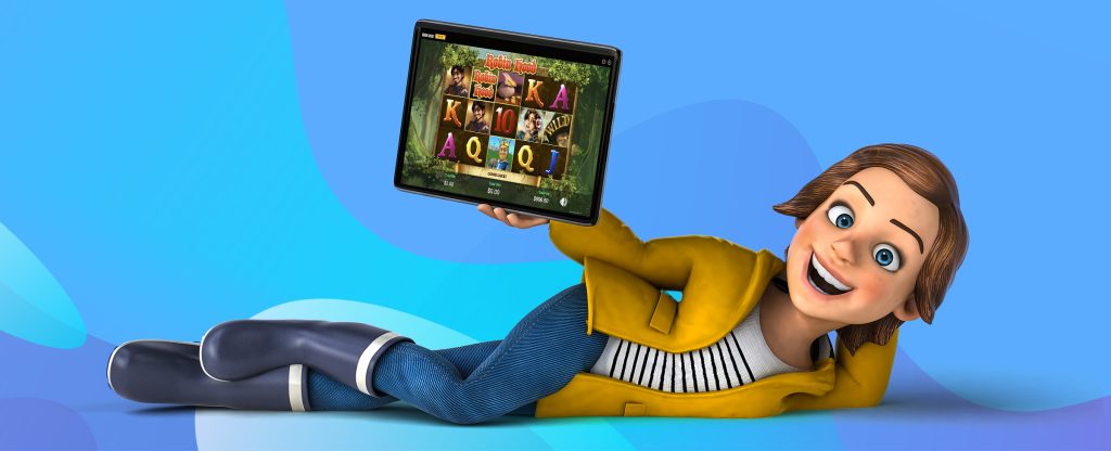 A 3D-animated girl cartoon character wearing blue jeans and boots, and a yellow jacket, is laying on the floor with one hand holding her head up, while the other hand holds up an iPad showing a game screen from a SlotsLV slot game, Robin Hood. Behind is a blue abstract background.