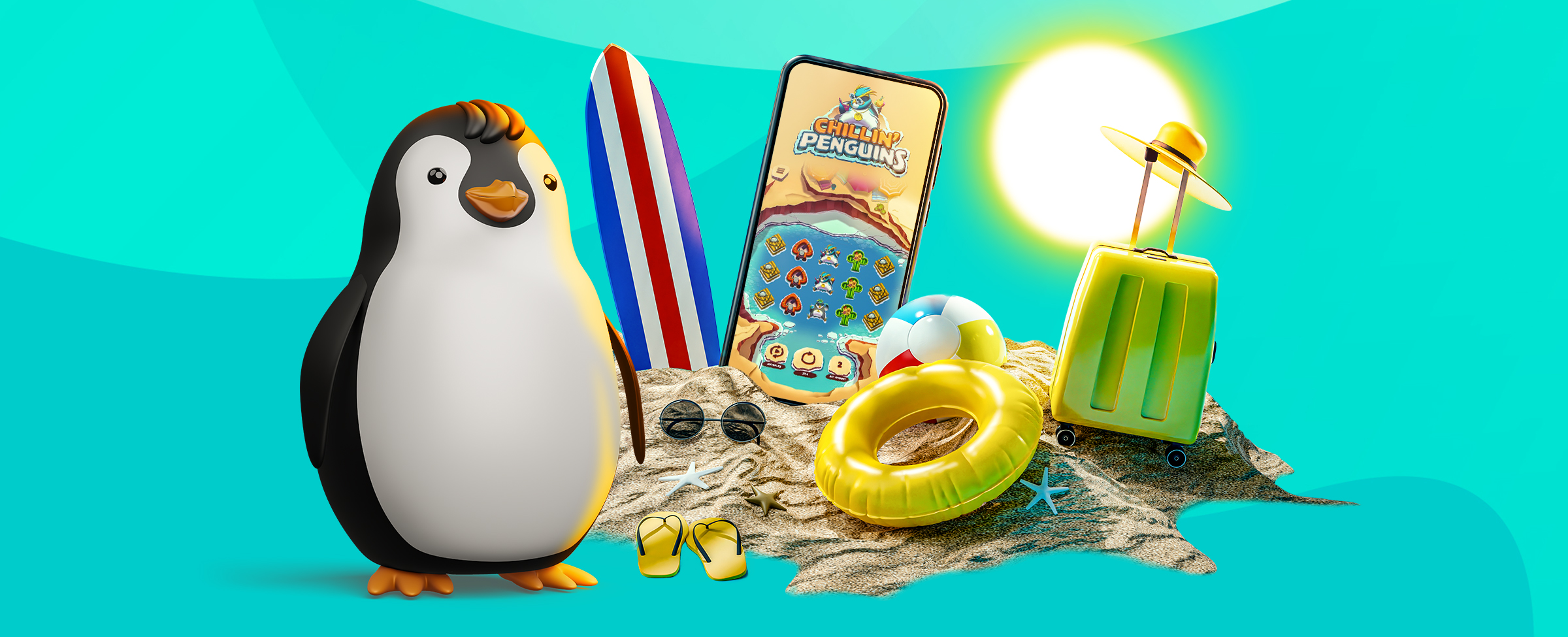A 3D-animated beach, featuring a base of sand with various beach items sitting on top, including an inflatable beach ball, sandals, a blue, white and red-striped surf board sticking into the sand, yellow travel luggage with the handles pulled up and a straw hat on top. A life-size mobile phone sticks into the sand with a screenshot from the SlotsLV slots game Chillin’ Penguins. To the left and standing in front, is a 3D-animated penguin. All this is set against a teal-colored abstract background.
