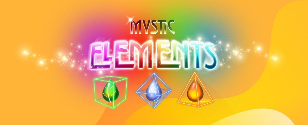The main 3D-animated logo from the SlotsLV slots game, Mystic Elements, is featured in the middle of this image. The word “element” is glowing with sparkles surrounding it. Below, are three neon glowing symbols for earth, wind, and fire. Behind, is an orange multi-toned abstract background.
