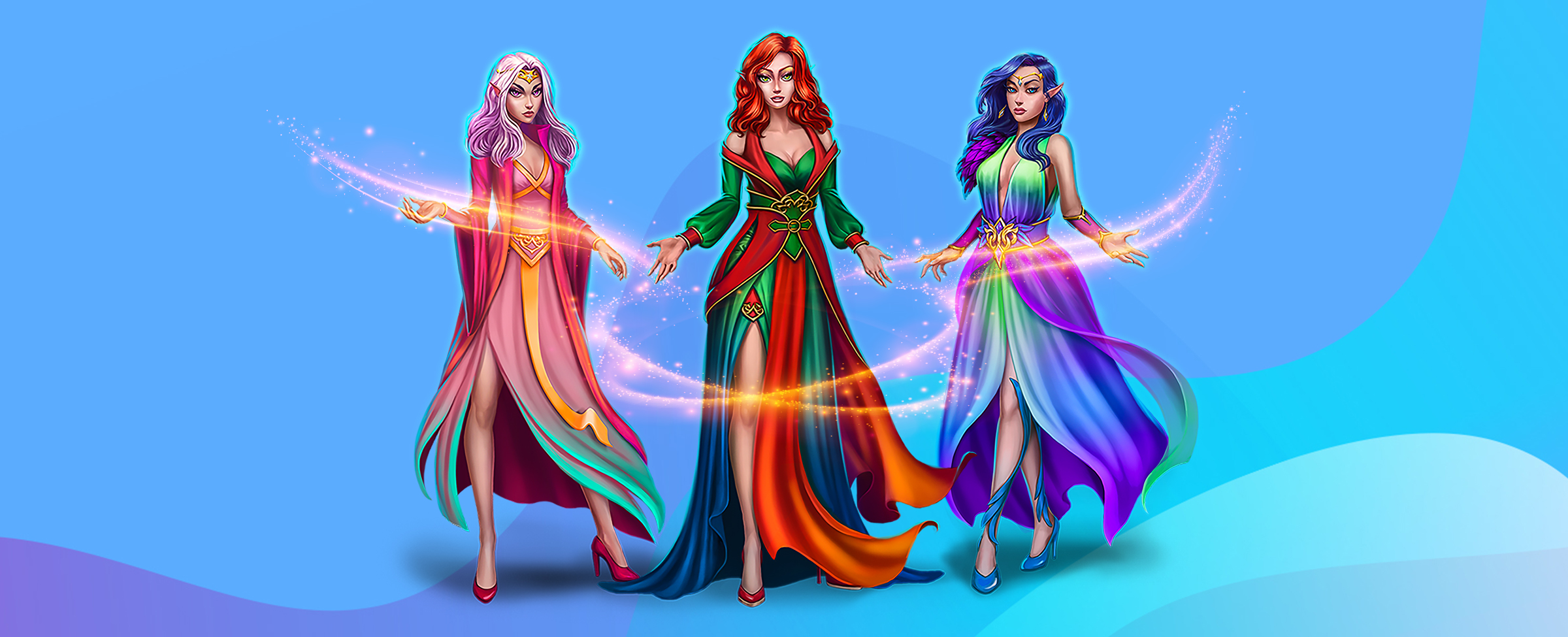 Three 3D-animated fairies from the SlotsLV slots game, Fairy Wins, are dancing in flowing bright dresses. Circling around them are wisps of magic as they hold their hands outstretched. Behind them, we see a multi-tone blue abstract background.