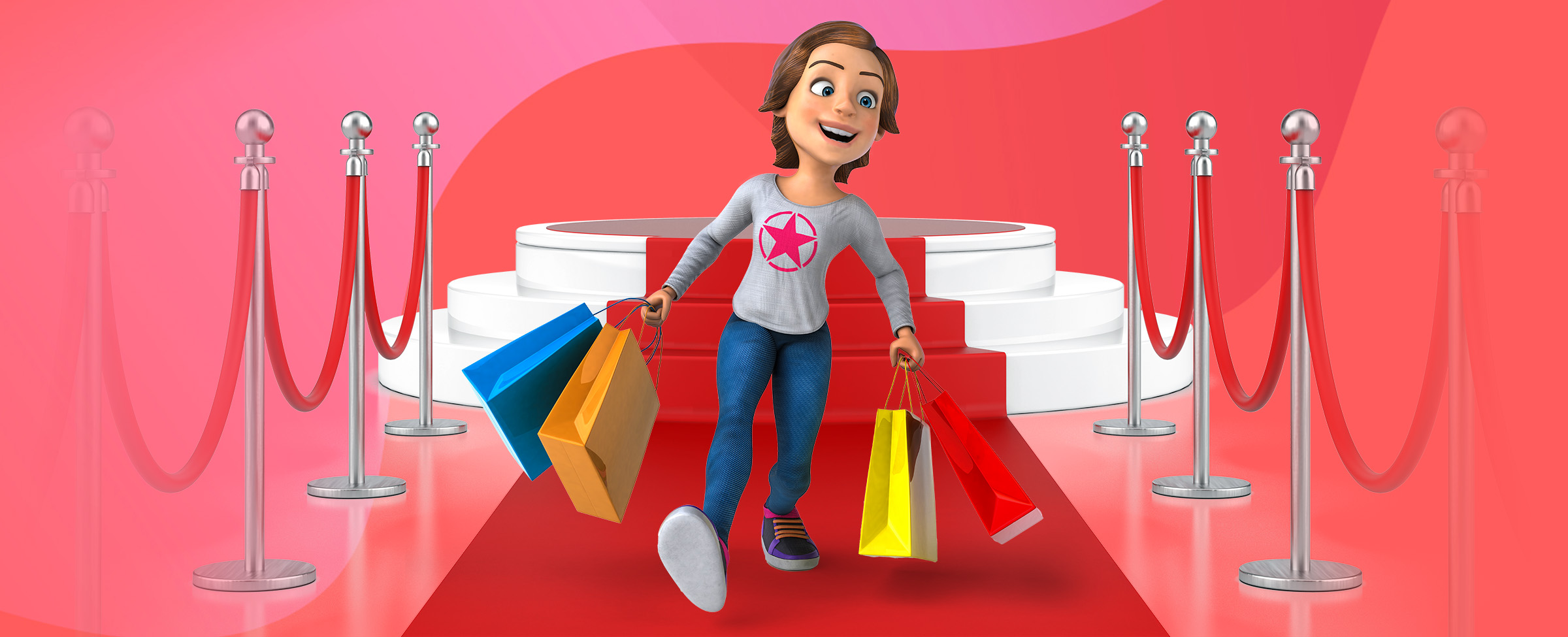 A 3D-animated woman walks down a red carpet flanked by roped-off silver poles. With arms outstretched, she is holding two shopping bags in each hand in bright colors including blue, orange, red and yellow. Behind her, the red carpet leads to a three-tiered white platform, while in the distance is an abstract pink multi-toned background.