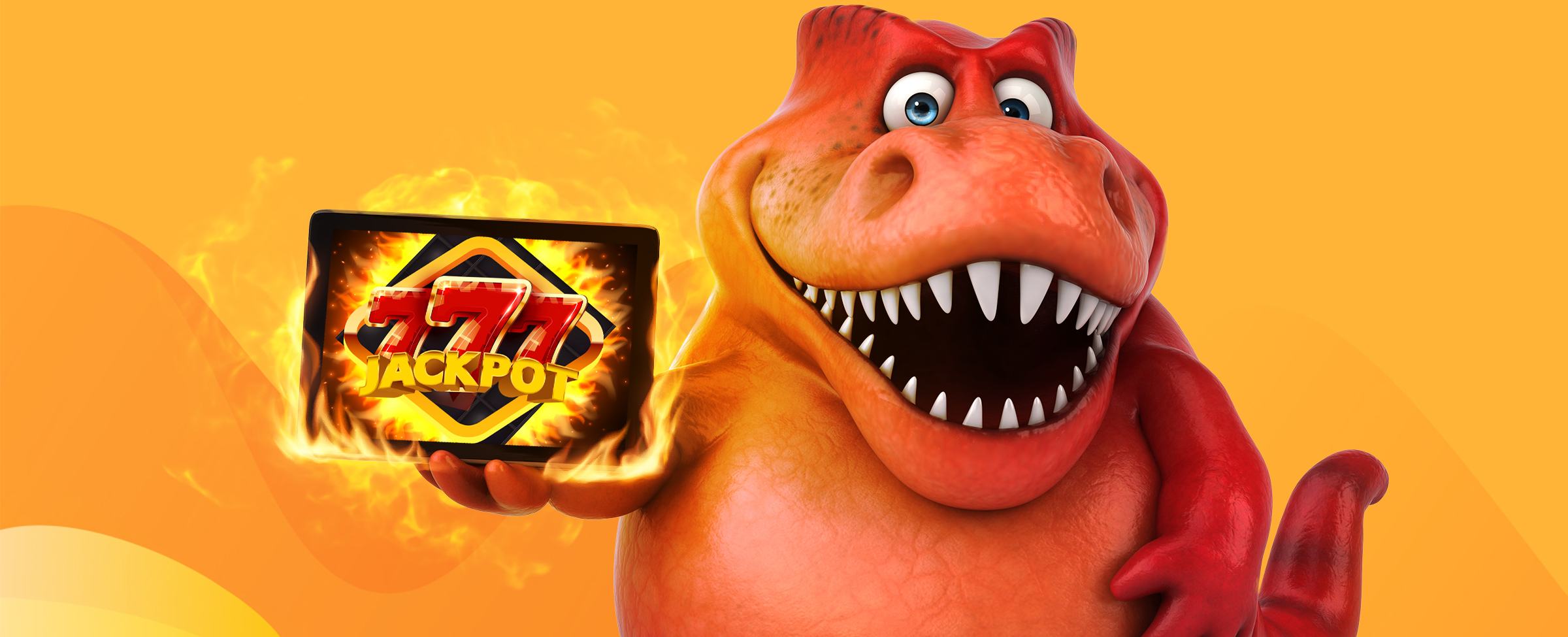 Featured in the middle of the image is a 3D-animated cartoon-style orange dinosaur wearing an energetic expression. The dinosaur holds up an iPad in one hand, showing a SlotsLV slots game with a fiery background overlaid with three number sevens in red, with the word Jackpot on top. Surrounding the iPad is a ball of fire, while behind, we see an orange multi-toned abstract background.