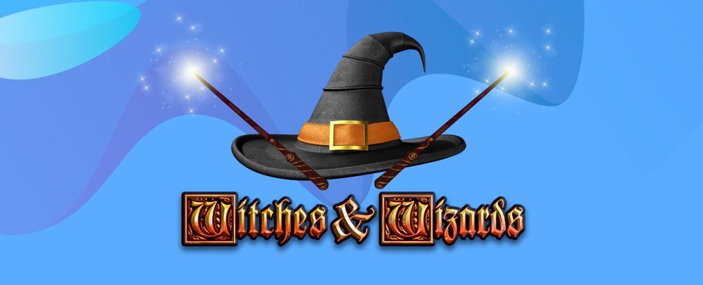 The main 3D-animated logo from the SlotsLV slots game, Witches and Wizards, is featured in the middle of this image, as well as a black witch hat with a brown belt and gold buckle, with two dark wooden wizard wands resting on the hat brim, sparkling at each end.