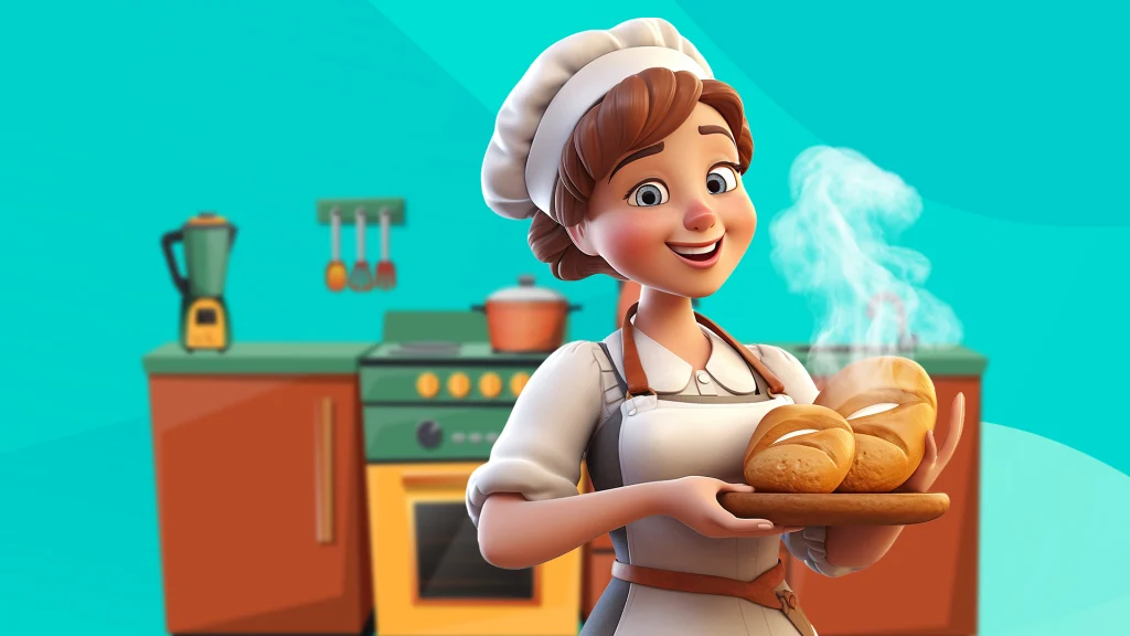 A cartoon woman holds up freshly baked bread with a kitchen behind her against a blue background.