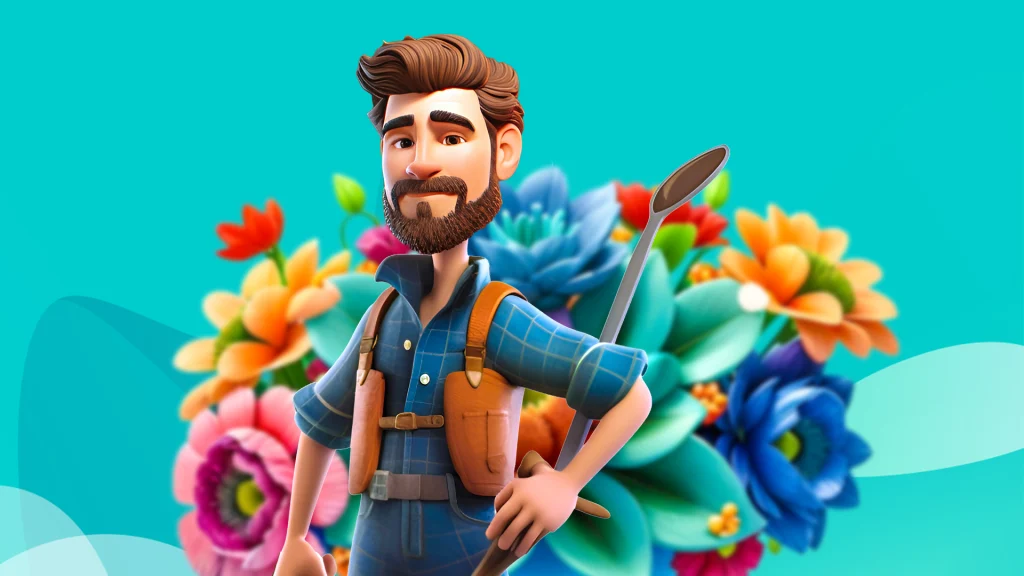 A cartoon workman stands in front of flowers against a blue background.