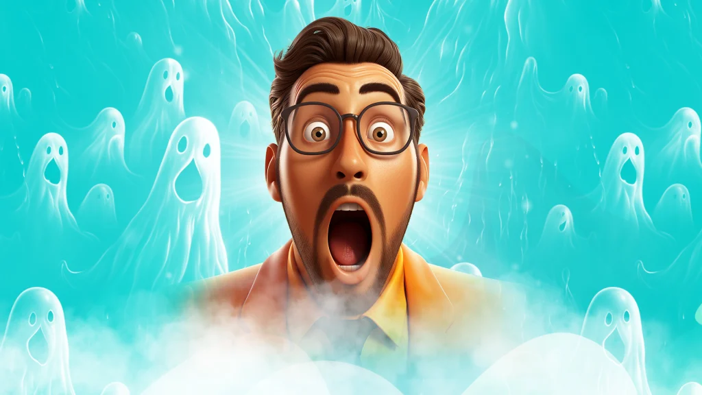 A cartoon man with the expression of surprise is surrounded by ghosts against a blue background.