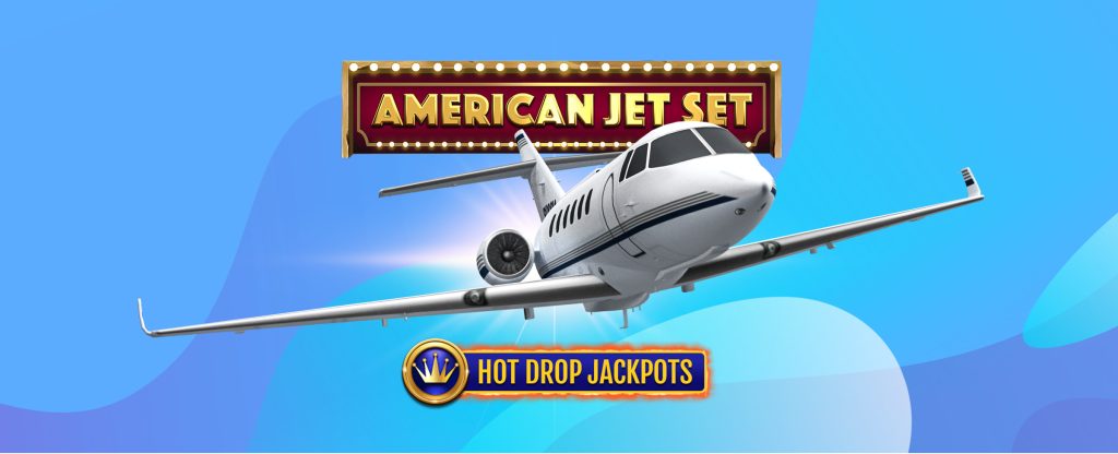 A 3D-animated small jet plane flying through two signs in the sky – one, above, is the logo from the SlotsLV slots game, American Jet Set Hot Drop Jackpots, and beneath, the hot drop jackpots logo, represented as a blue-filled circle to the left with a gold crown icon, and to the right, a fiery bordered, blue-filled rectangle with the words “hot drop jackpots”.