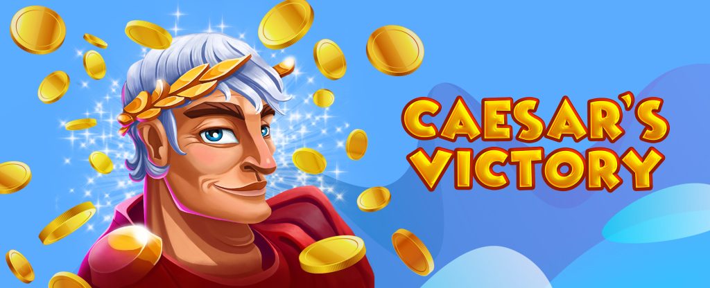 A 3D-animated character of Caesar from the SlotsLV slots game, Caesar’s Victory, appears to the left of the image, wearing a red robe, a golden headpiece, and is surrounded by falling gold coins. To the right, we see the game logo that reads ‘Caesar's Victory’ in gold with a red outline. Behind, is a multi-toned blue abstract background.