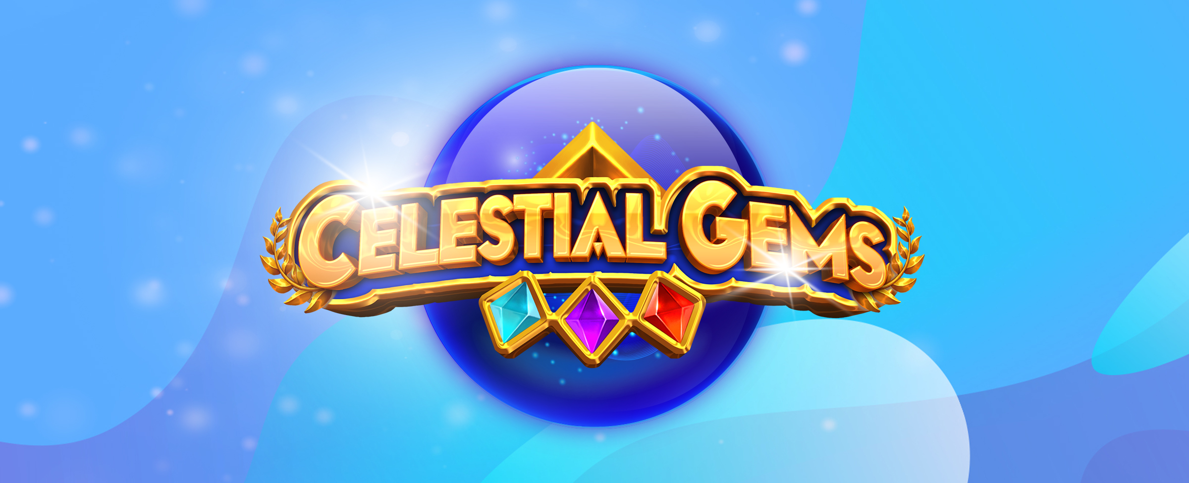 Seen in the middle of the blue-background image is the main game logo from the SlotsLV slots game, Celestial Gems, featuring a blue circular precious stone, overlaid with gold letters of the same name in shiny capitals, accompanied by three gems in teal, purple and red, encased in gold in the shape of diamonds.