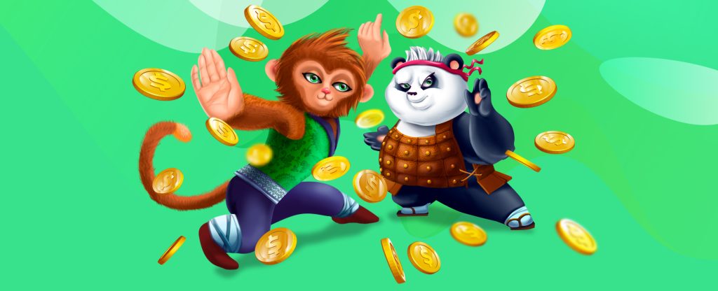 Two animated characters from the SlotsLV slots game, Fortune Keepers - a monkey wearing a green vest with blue pants, and a panda wearing a leather vest and red headband - are standing in the middle of the image, poised in a kung-fu fighting stance, as gold coins fly around them. Behind them is a green background with multiple shades.