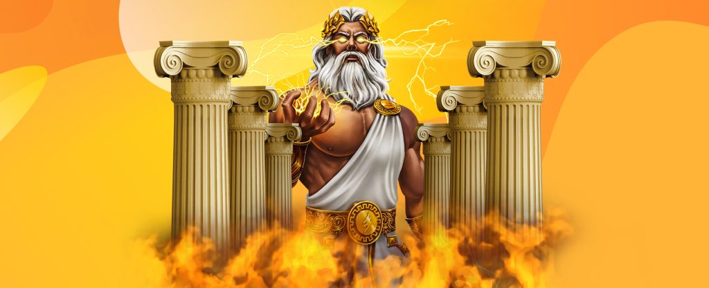Standing between six 3D-animated concrete pillars is Zeus from the SlotsLV slots game Fury of Zeus, wearing a gold crown and a robe with a large gold belt. With eyes lit up, electricity zaps outward, collecting in his hand. In front, fire surrounds the pillars, while behind, we see a multi-toned orange abstract background.