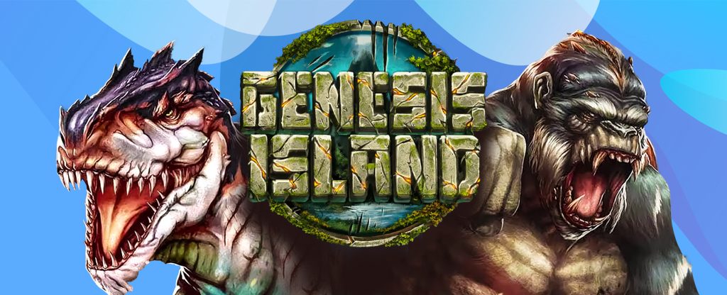 We see two 3D-animated characters from the SlotsLV slots game, Genesis Island, featured to the left and right of this image. On the left, a dinosaur with large teeth and spikey head peers at the screen, while on the right, king kong wears an aggressive expression. Between them is the main game logo - the words “genesis island” in a green-gray font made of stone, set against a landscape of green mountains inside a circle. Behind, is a multi-toned blue abstract background.