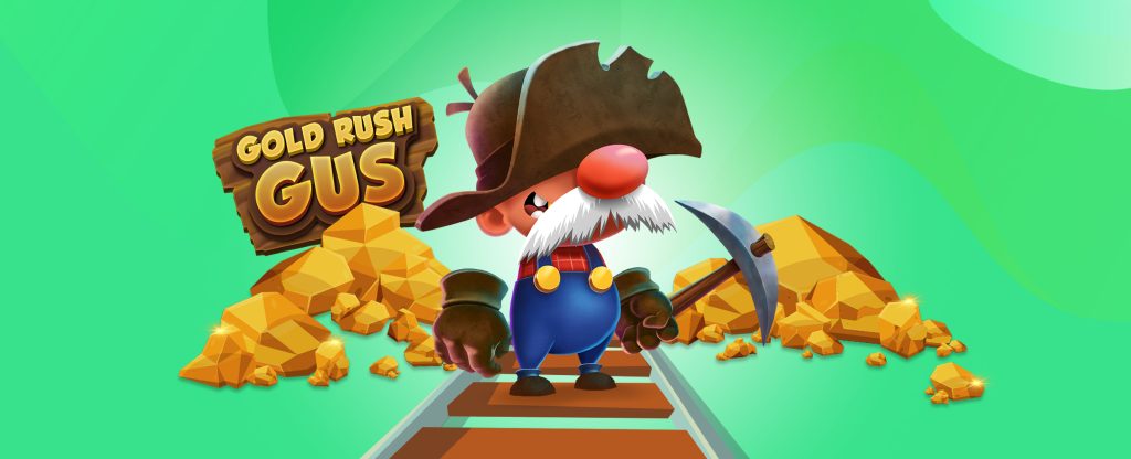 In the middle of this image, we see the central 3D-animated character and logo from the SlotsLV slots game, Gold Rush Gus. Gus stands in the middle of a rail track; he has a large mustache and red nose, and wears an oversized thick prospecting hat, holding a pickaxe in his hand. Behind him are two large mounds of gold, with a wooden sign behind one that reads Gold Rush Gus. 